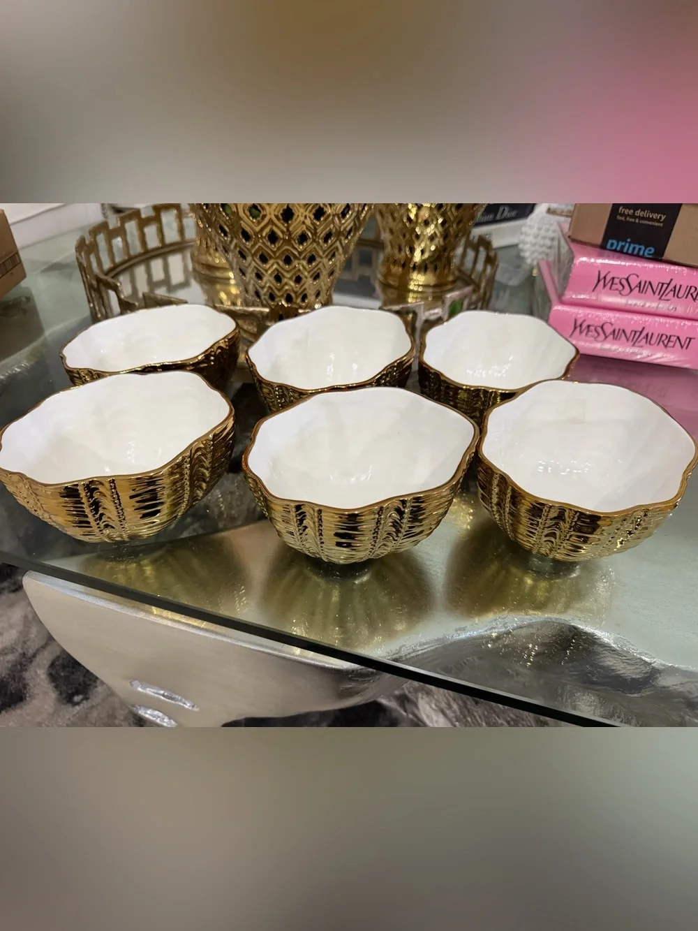 Set of 6 Elegant Gold Ceramic Serving Bowl Fable Aura Bowl, 5.5